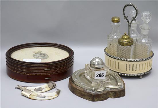 A horse shoe Inkwell, Boards, Tusk, Wine Labels, Ivory Cruet stand & box